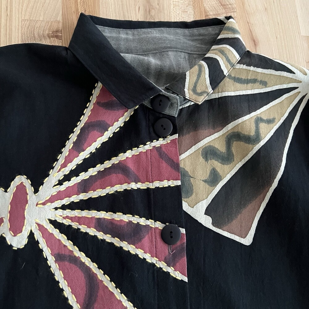 Women's 100% Cotton Collared Tunic Blouse Art to Wear Lagenlook Artsy Large - Picture 6 of 13